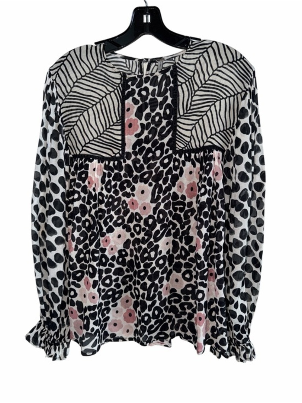 ANTHROPOLOGIE BL-NK Joelle Mix Leopard Print Peasant Ballon Sleeve Top Sz XS